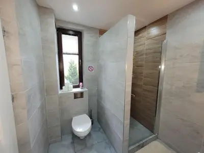 a bathroom with a toilet and a shower at Country House - apartamenty blisko Energylandii in Spytkowice