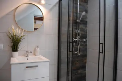 a bathroom with a shower and a sink and a mirror at Country House - apartamenty blisko Energylandii in Spytkowice