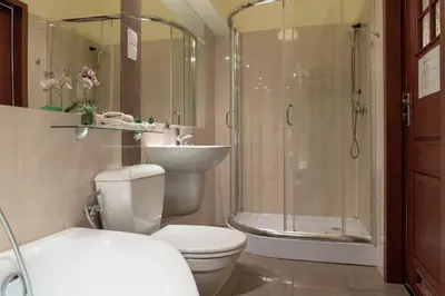 a bathroom with a toilet and a shower and a sink at 3D Wawel Apartament in Kraków