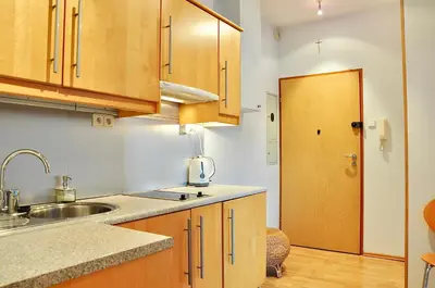 a kitchen with wooden cabinets and a sink at Tresor Barska Apartments 2.0 in Kraków