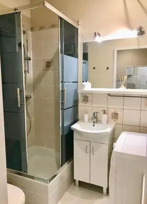 a bathroom with a shower and a sink at Tresor Barska Apartments 2.0 in Kraków