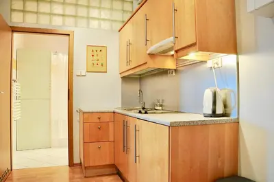 a small kitchen with wooden cabinets and a sink at Tresor Barska Apartments 2.0 in Kraków