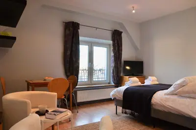 a bedroom with a bed and a desk and a window at Tresor Barska Apartments 2.0 in Kraków