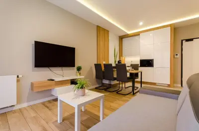 a living room with a television and a table with chairs at Krakowiak Apartments in Kraków