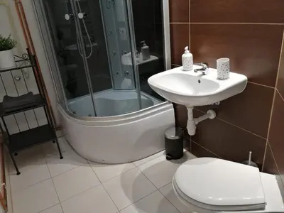 a bathroom with a shower and a toilet and a sink at Apartament Galicja in Chrzanów