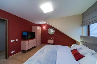 a bedroom with a large bed and a television at Natura Villa Spa in Węgrzce