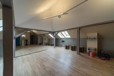 an empty room with wood floors and skylights at Natura Villa Spa in Węgrzce