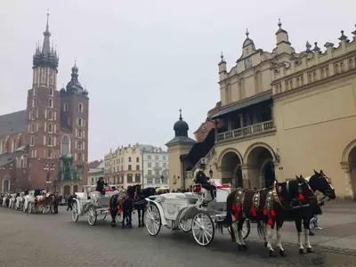 a group of horses pulling a carriage down a street at Studio Appartment in Old Town Krakow in Kraków