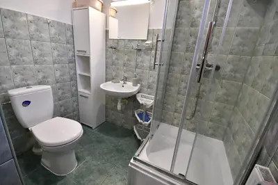 a bathroom with a sink and a toilet and a shower at Apartamenty i Pokoje Kordeczki in Rabka