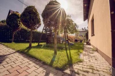 a group of trees in the grass next to a building at Apartamenty i Pokoje Kordeczki in Rabka