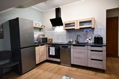 a kitchen with a sink and a refrigerator at Apartamenty i Pokoje Kordeczki in Rabka