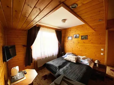 a bedroom with a bed in a wooden room at Willa Światowid in Rabka