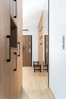 a hallway with wooden doors and a mirror at STEAM PARK Krakow Apartment in Kraków