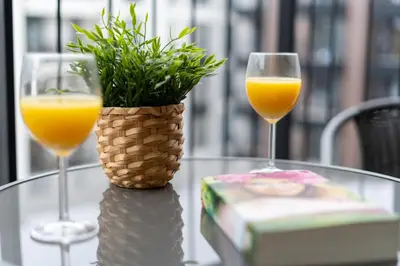two glasses of orange juice and a plant on a glass table at STEAM PARK Krakow Apartment in Kraków