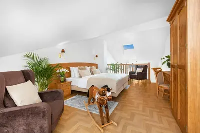 a bedroom with a bed and a dog on a rug at Ventus Rosa Boutique Aparthotel in Kraków