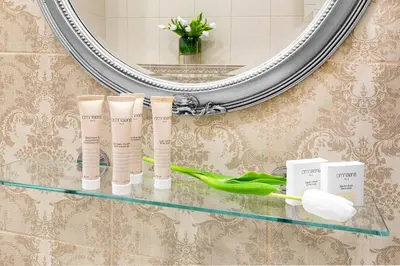 a glass shelf with some products on it in front of a mirror at Ventus Rosa Boutique Aparthotel in Kraków