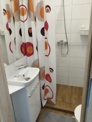 a bathroom with a sink and a shower curtain at Noclegi Pod Dębem in Skawina