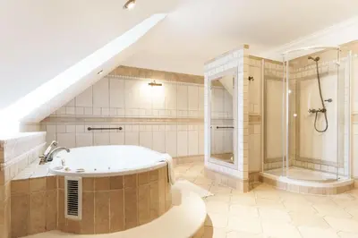 a large bathroom with a tub and a shower at Apartamenty w Dworku Cheval in Kraków