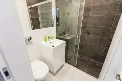 a bathroom with a shower and a toilet and a sink at Vintage Tomasza Apartment in Kraków