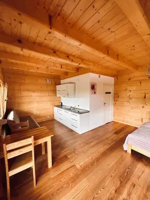 a room with a wooden ceiling with a table and a kitchen at Domki góralskie na Podhalu Zakopane in Tokarnia