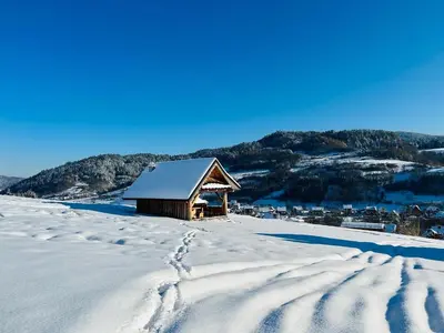 a cabin in the snow with tracks in the snow at Domki góralskie na Podhalu Zakopane in Tokarnia