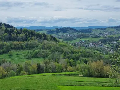 a green hillside with a town in the distance at Domki góralskie na Podhalu Zakopane in Tokarnia