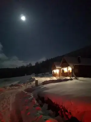 a house in the snow at night with a full moon at Domki na Zagroniu in Koninki