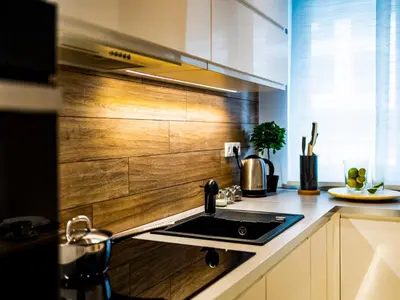 a kitchen with a sink and a wooden wall at Jack II Apartment in Kraków