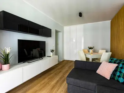 a living room with a couch and a tv at Jack II Apartment in Kraków