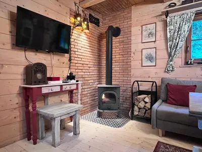 a living room with a fireplace and a stove at Domek pod Jaworami z balią in Sułkowice