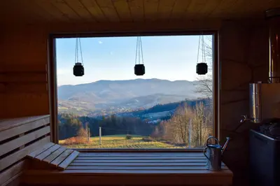 a window with a view of a mountain view at OSADA WASYLÓWKA in Laskowa