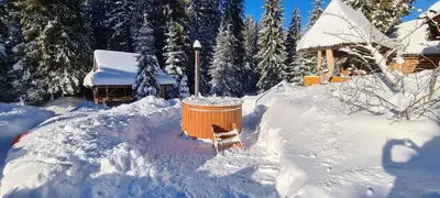 a yard covered in snow with a trash can at Domek na Cepcowym in Obidowa
