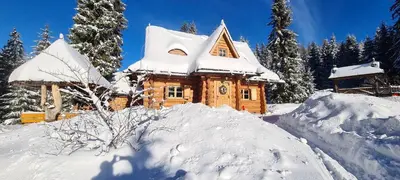 a log cabin in the snow with a pile of snow at Domek na Cepcowym in Obidowa