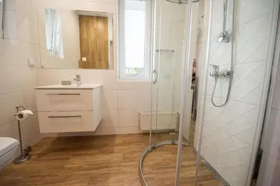 a bathroom with a shower and a sink at SKALNY apartamenty, pokoje in Ogrodzieniec