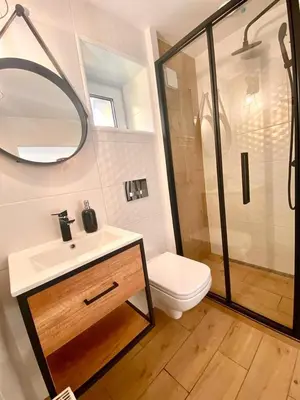 a bathroom with a toilet and a sink and a shower at SKALNY apartamenty, pokoje in Ogrodzieniec