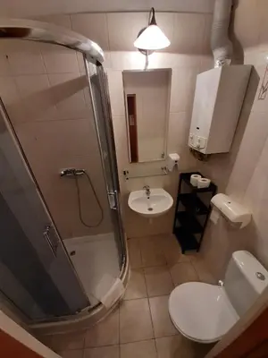 a bathroom with a shower and a toilet and a sink at Red Carpet Premium in Kraków