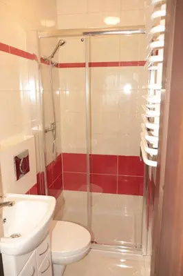 a bathroom with a shower and a toilet and a sink at Dom u Kasi in Podwilk