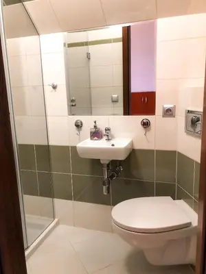 a bathroom with a toilet and a sink and a mirror at Dom u Kasi in Podwilk