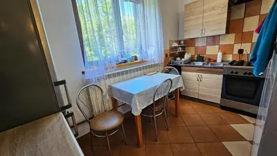 a kitchen with a table and chairs and a sink at Agroturystyka na szlaku in Lubomierz