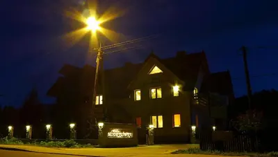 a house lit up at night with a street light at Willa Modrysówka in Zawoja