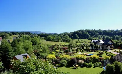 an aerial view of the garden of a resort at Willa Modrysówka in Zawoja