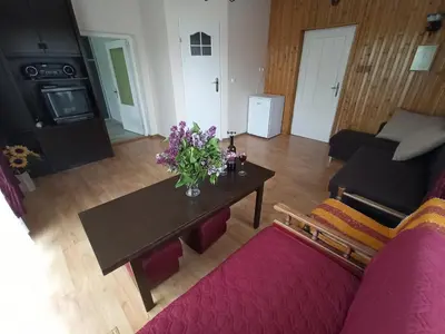 a living room with a table with flowers on it at Apartament-studio, pokoje u Lucy in Rabka
