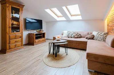 a living room with a couch and a tv at Bronowicka Premium Apartment - 52m2 with private parking in Kraków