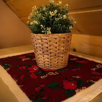 a plant in a basket sitting on top of a rug at Babie Domki in Zawoja
