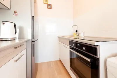 a kitchen with a black stove and a refrigerator at Piast Apartament in Kraków