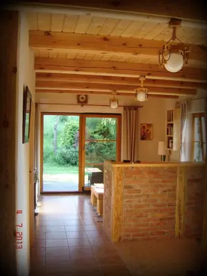 a living room with a large sliding glass door at Amigówka in Wieliczka