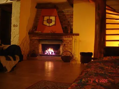 a living room with a fireplace with a fire at Amigówka in Wieliczka