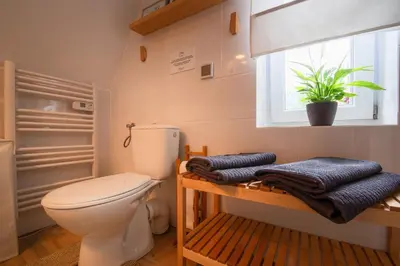a bathroom with a toilet and a window and towels at Zawoja 1725 - Slow Life Cabins in Zawoja