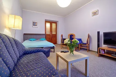 a living room with a couch and a tv at Libro Rooms in Kraków