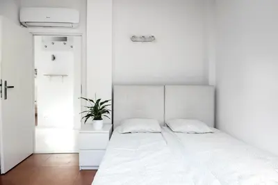a white bedroom with a white bed and a plant at MK Apartment 100m2 Friends&Family in Kraków